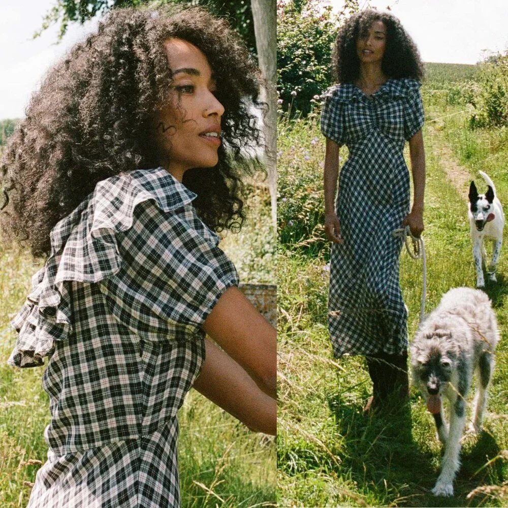 Doen Gwyneira Navy Countryside Plaid Ruffle Cotton Midi Dress Size L - Picture 2 of 9